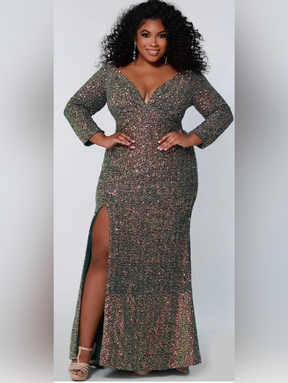 Sydney's Closet Green Sequin Oscar Worthy Evening Gown with Thigh Slit size 22